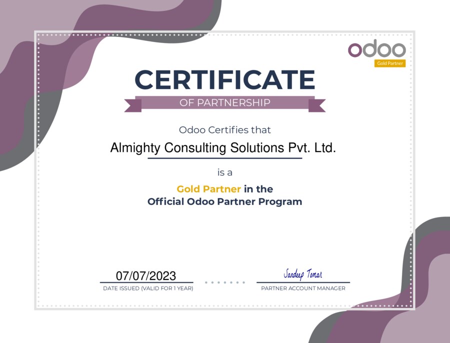 AlmightyCS Odoo Gold Partner Certificate 2023