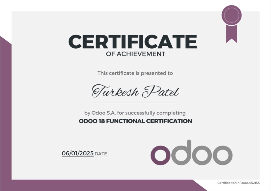 Turkesh Patel - Odoo 18 Functional Certification
